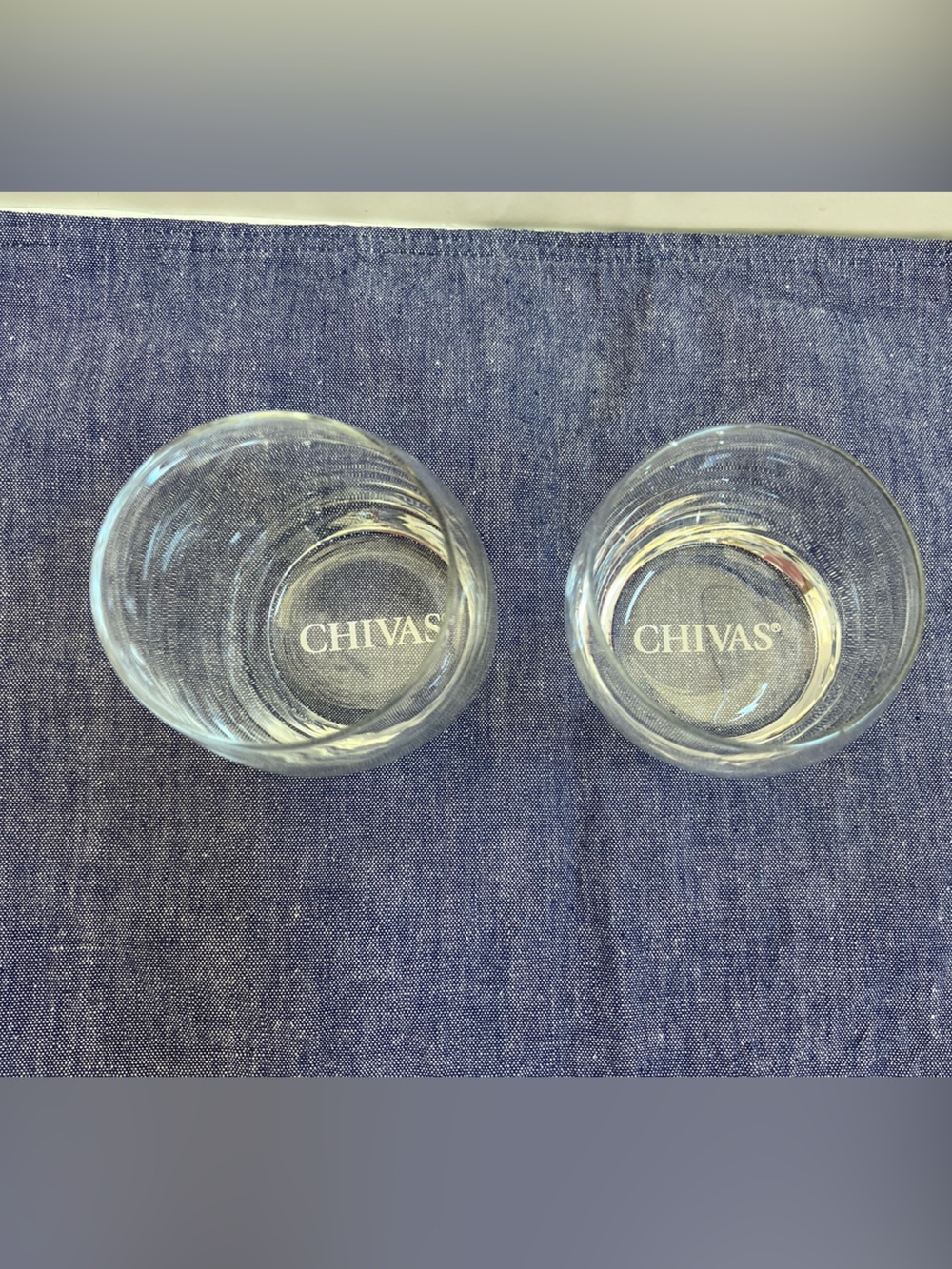 Whiskey Chivas Regal Scotch Set of 2 Rocks Lowball Glasses Slanted Tilted Etched